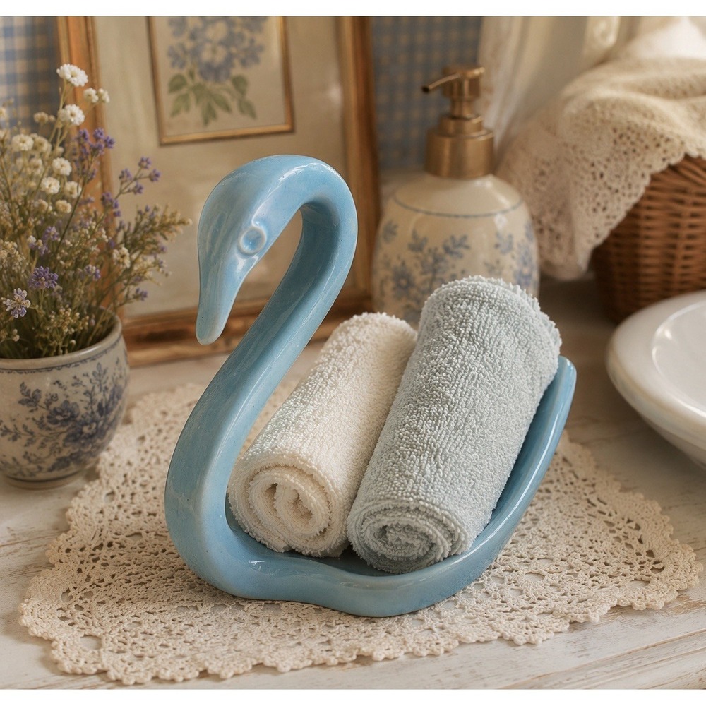 Vtg Blue Swan Towel or Soap Holder Retro Bathroom Decor Cottagecore